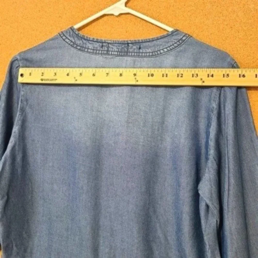 Madeline & Monroe Blouse Blue Chambray, Bell Sleeves Top Size S